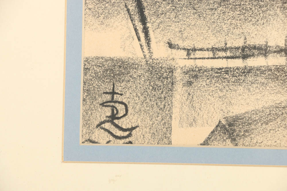 Charcoal Drawing on Paper Rooftop Scene