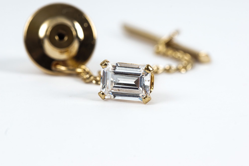 18K Gold Tie Tack with Cubic Zirconia