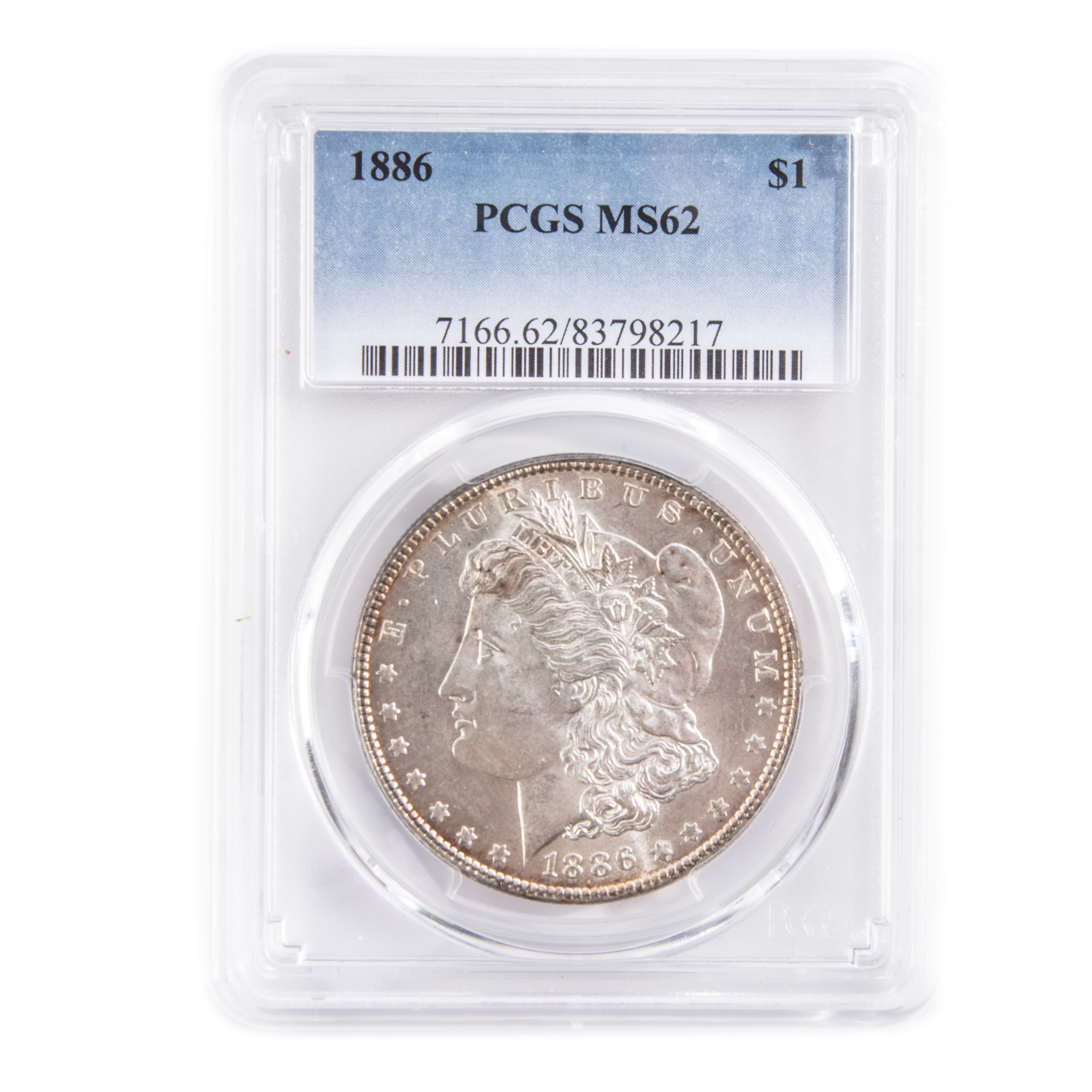 Encapsulated and Graded MS62 (by PCGS) 1886 Morgan Silver Dollar