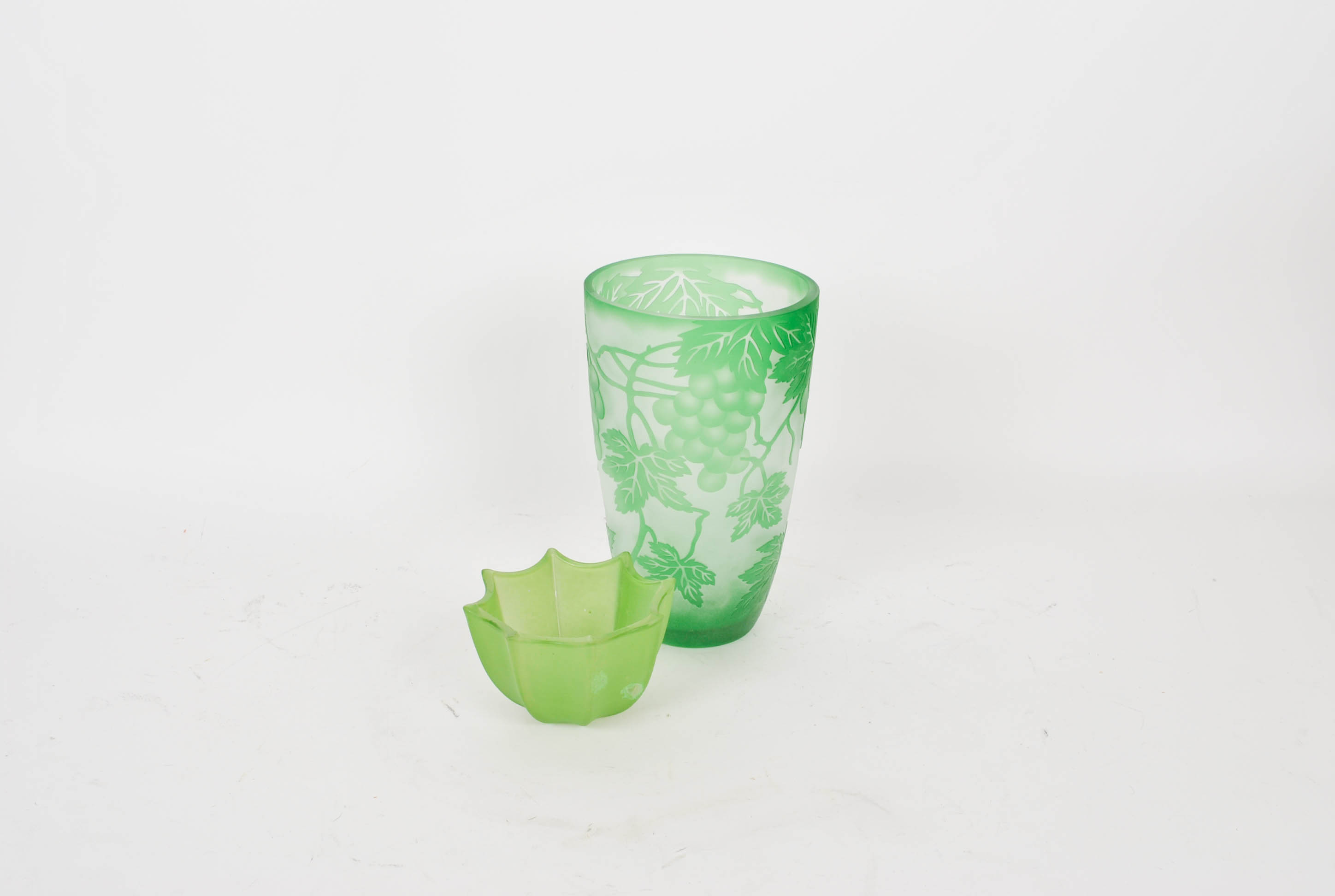 Cameo Glass Green Vase and Small Bowl