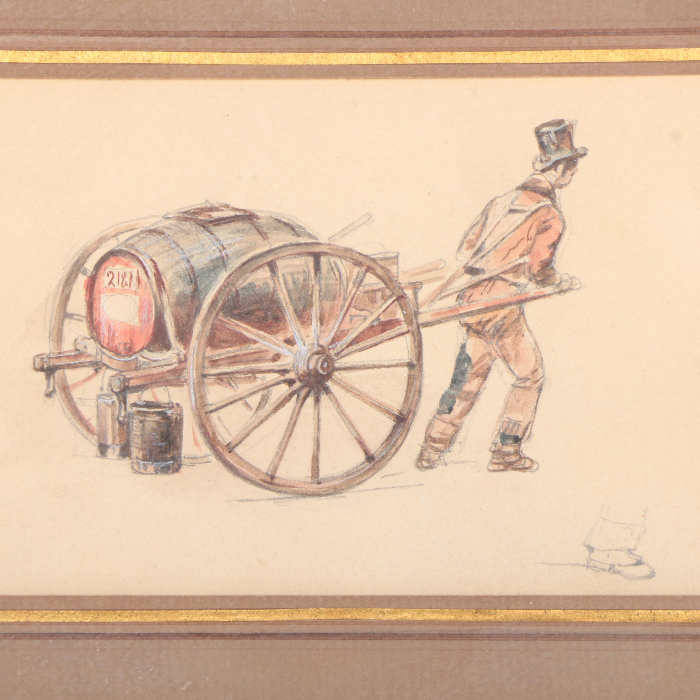 Watercolor and Graphite Illustration on Paper of Man Carrying Barrel on Cart