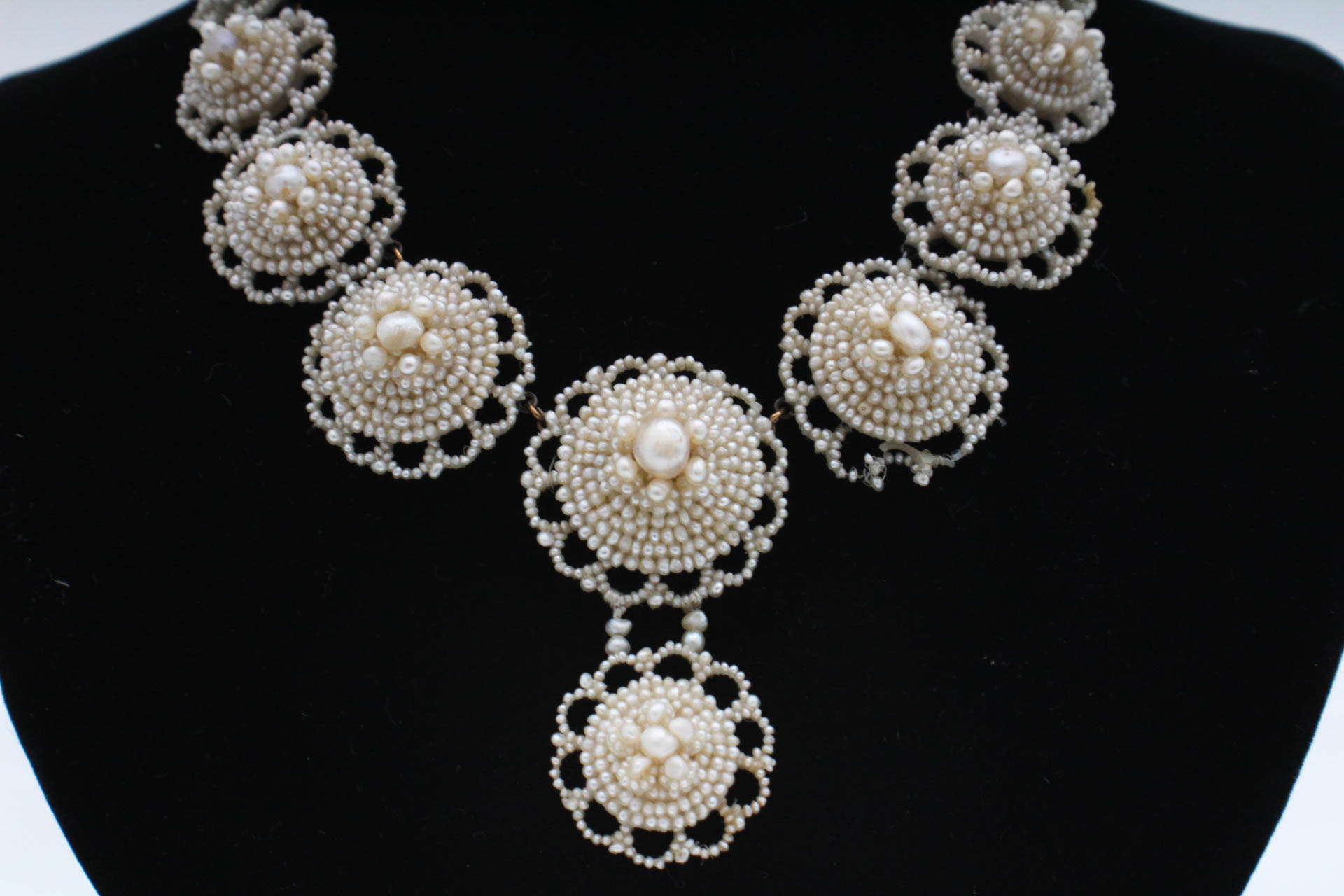 Victorian 14K Yellow Gold Mother of Pearl Backed Seed Pearl Necklace