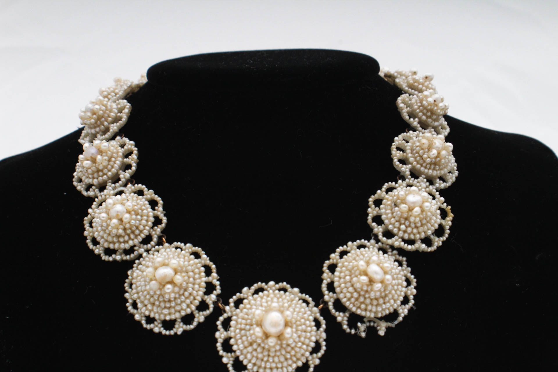 Victorian 14K Yellow Gold Mother of Pearl Backed Seed Pearl Necklace