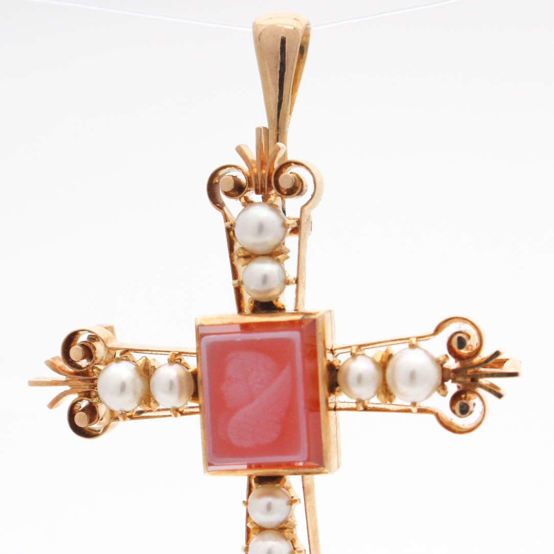 Victorian 10K Yellow Gold Carnelian Intaglio and Pearl Pendant Brooch