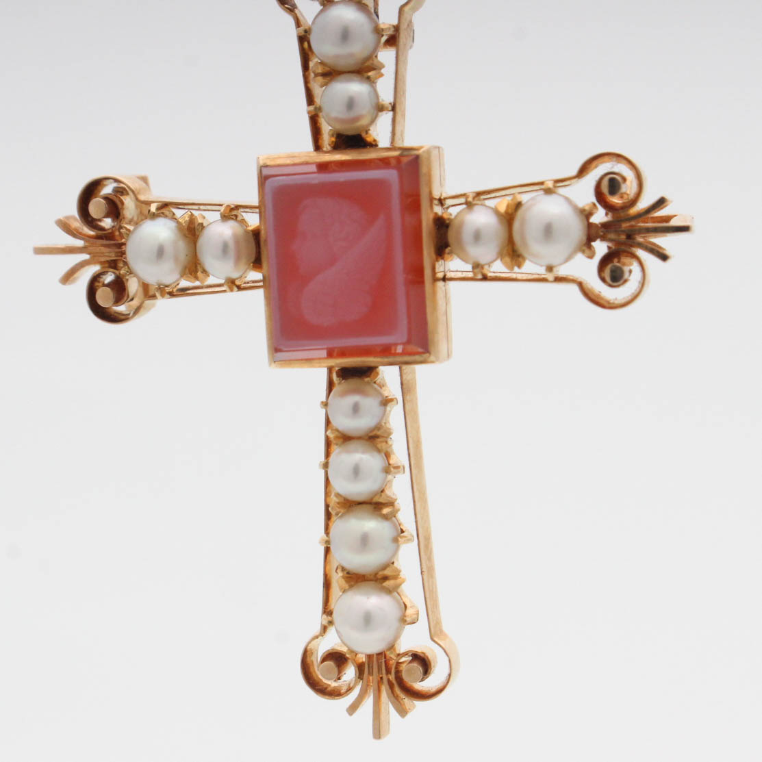 Victorian 10K Yellow Gold Carnelian Intaglio and Pearl Pendant Brooch