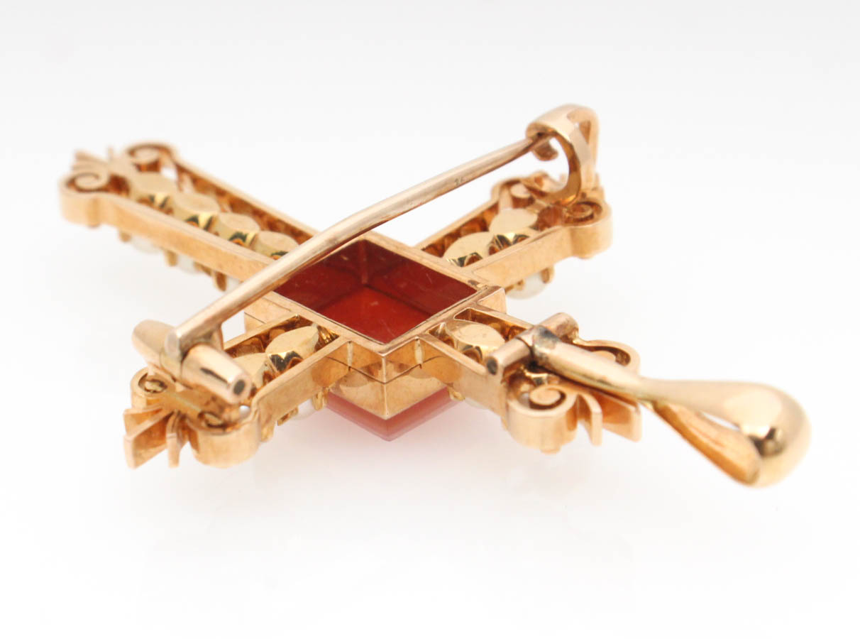 Victorian 10K Yellow Gold Carnelian Intaglio and Pearl Pendant Brooch