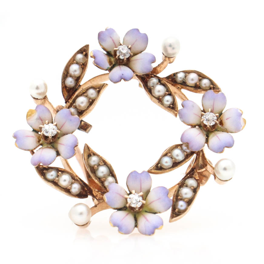 Art Nouveau 14K Yellow Diamond Pendant Brooch