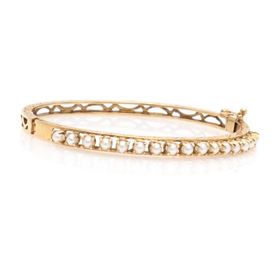 14K Yellow Gold Cultured Pearl Bangle