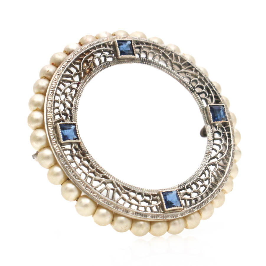 Late Edwardian 10K White Gold Synthetic Sapphire and Pearl Brooch