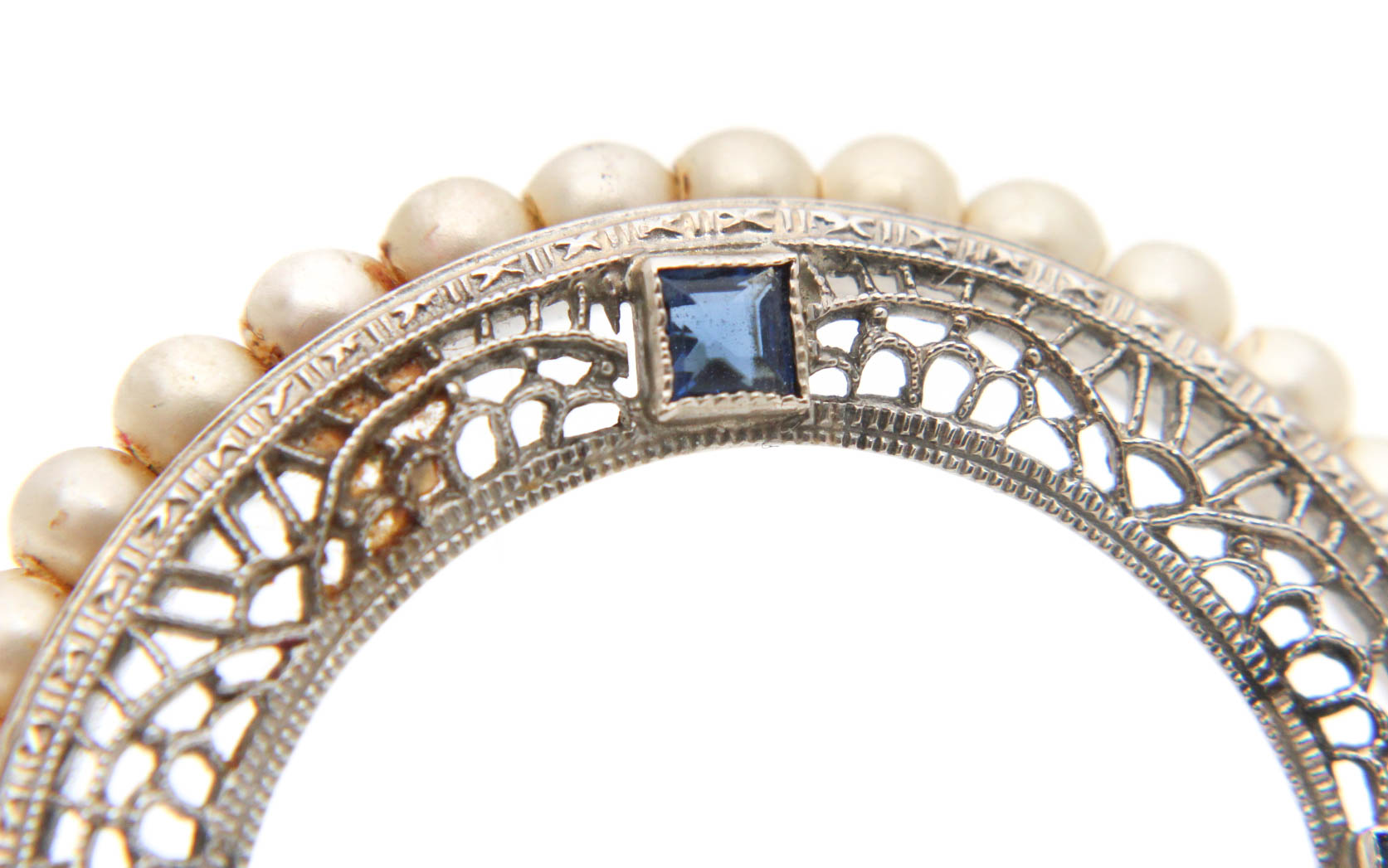 Late Edwardian 10K White Gold Synthetic Sapphire and Pearl Brooch