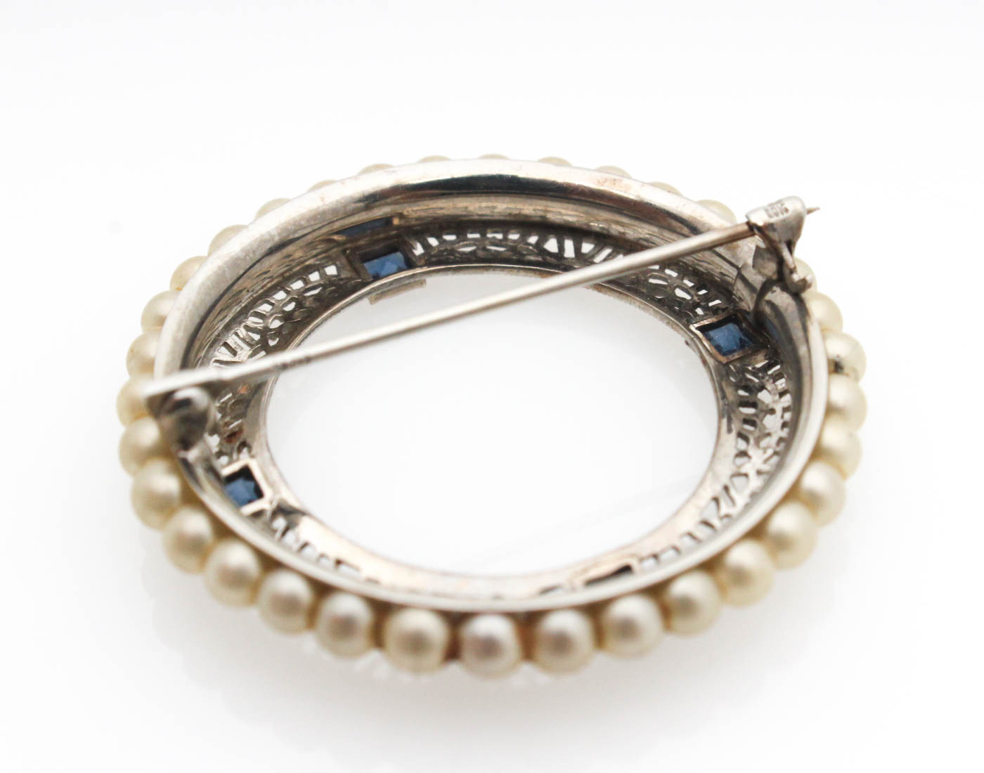 Late Edwardian 10K White Gold Synthetic Sapphire and Pearl Brooch