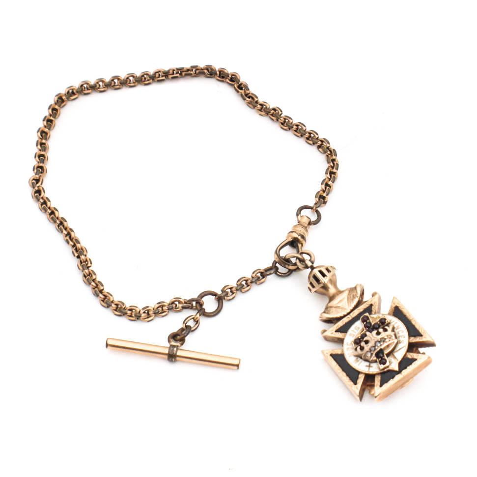 Gold Filled Watch Chain with Diamond and Garnet Masonic Charm