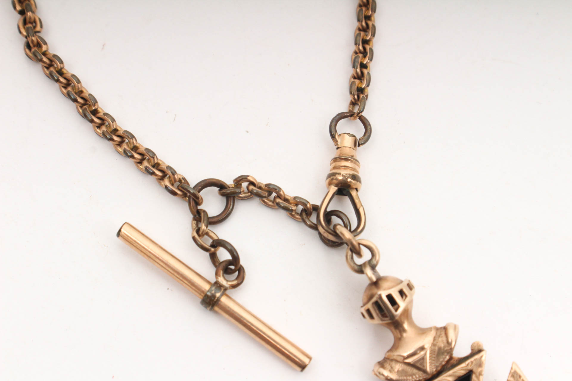 Gold Filled Watch Chain with Diamond and Garnet Masonic Charm