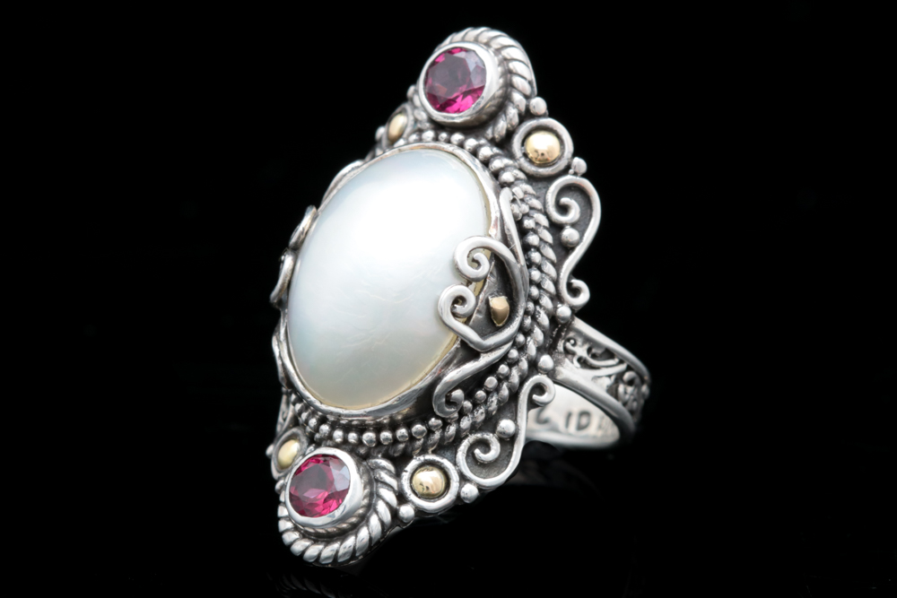 Robert Manse Sterling Silver, 18K Gold, Mabé Pearl and Rhodonite Ring