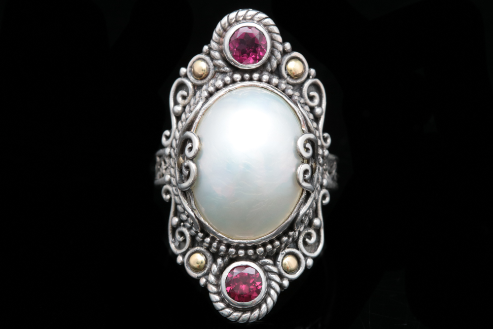 Robert Manse Sterling Silver, 18K Gold, Mabé Pearl and Rhodonite Ring