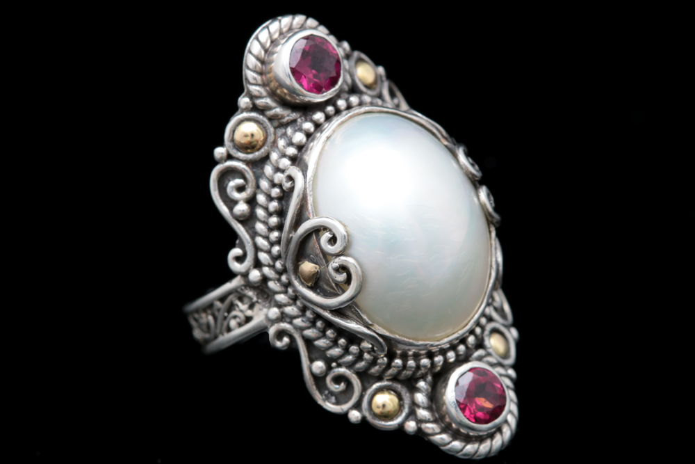 Robert Manse Sterling Silver, 18K Gold, Mabé Pearl and Rhodonite Ring