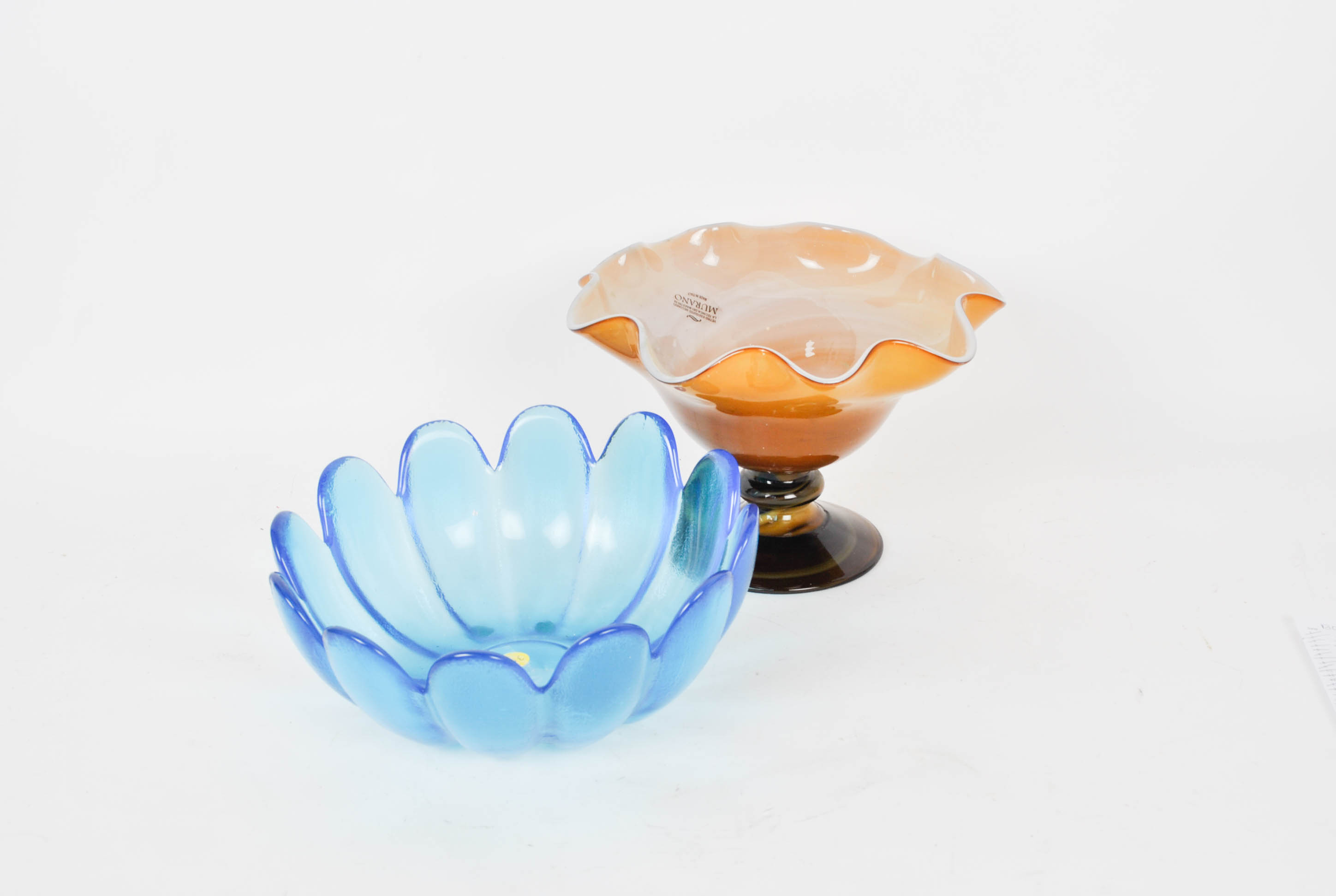 Murano Glass Pedestal Bowl and Blue Petal Thick Glass Bowl