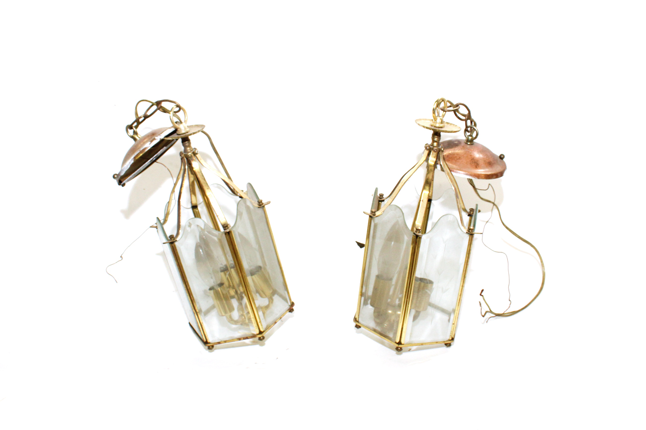 Pair Of Brass And Glass Lighting Fixtures