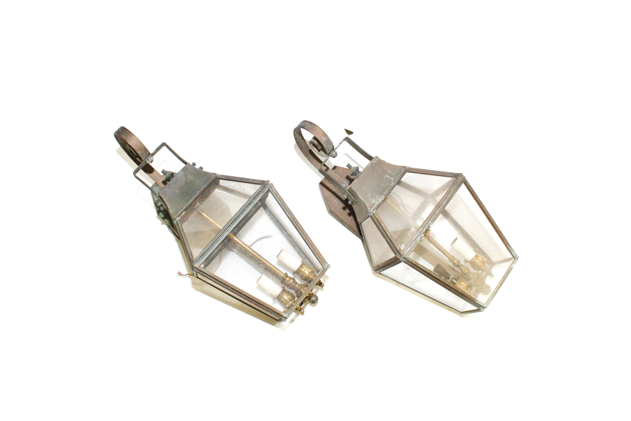 Pair Of Copper and Glass Exterior Lighting Fixtures