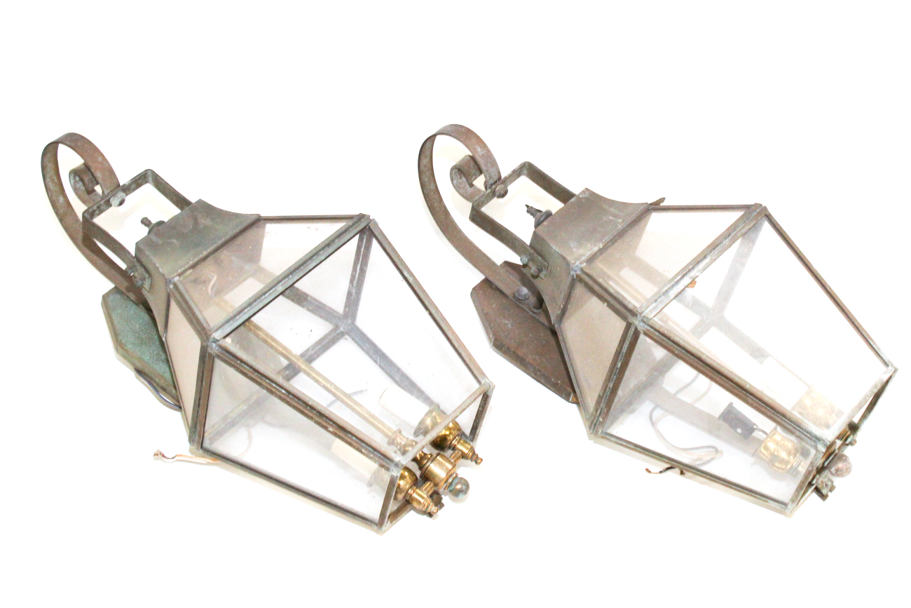 Pair Of Copper and Glass Exterior Lighting Fixtures