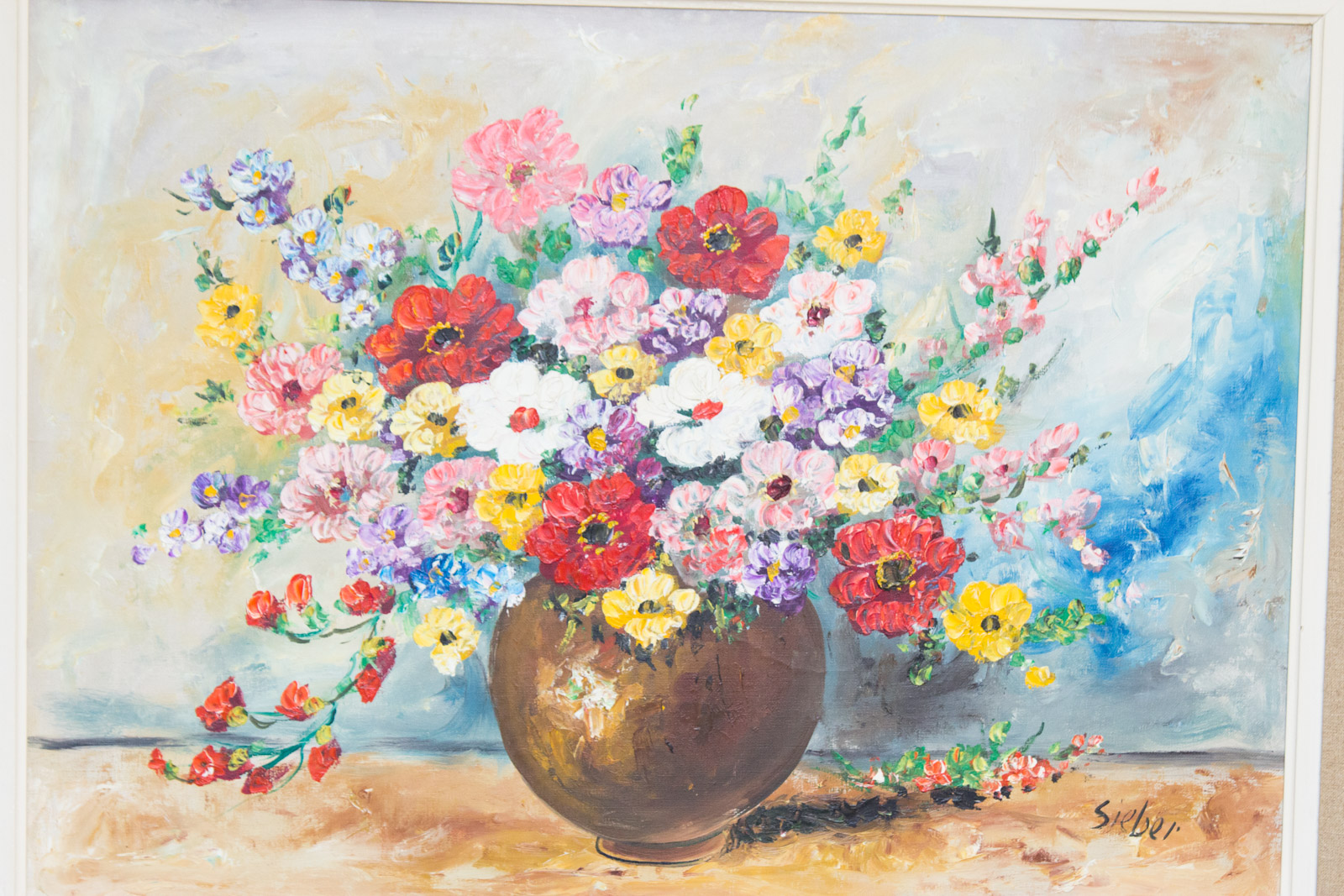 Seiber Framed Floral Still Life Painting on Canvas