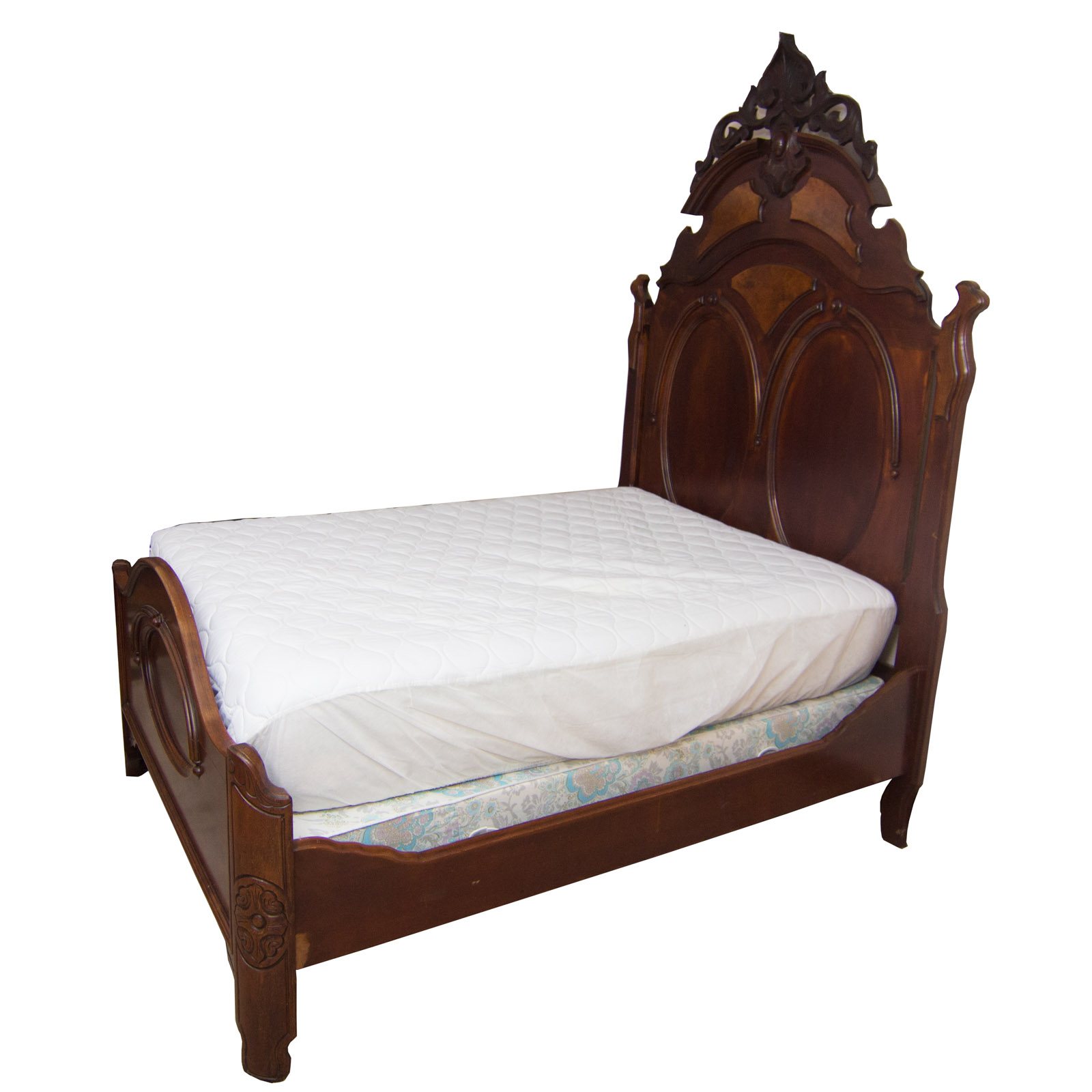 Antique Full Size Walnut Bed Frame with Ornate Headboard