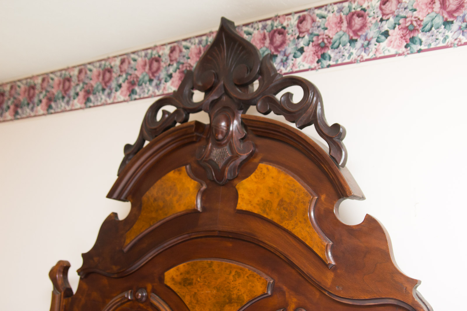 Antique Full Size Walnut Bed Frame with Ornate Headboard