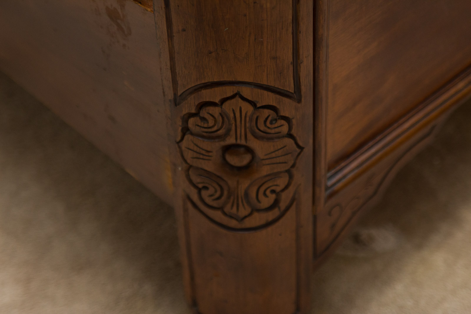 Antique Full Size Walnut Bed Frame with Ornate Headboard