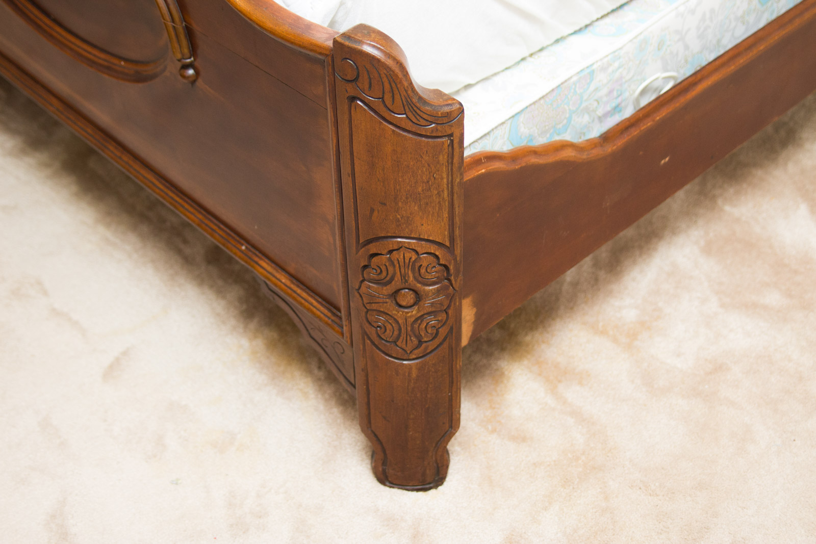 Antique Full Size Walnut Bed Frame with Ornate Headboard