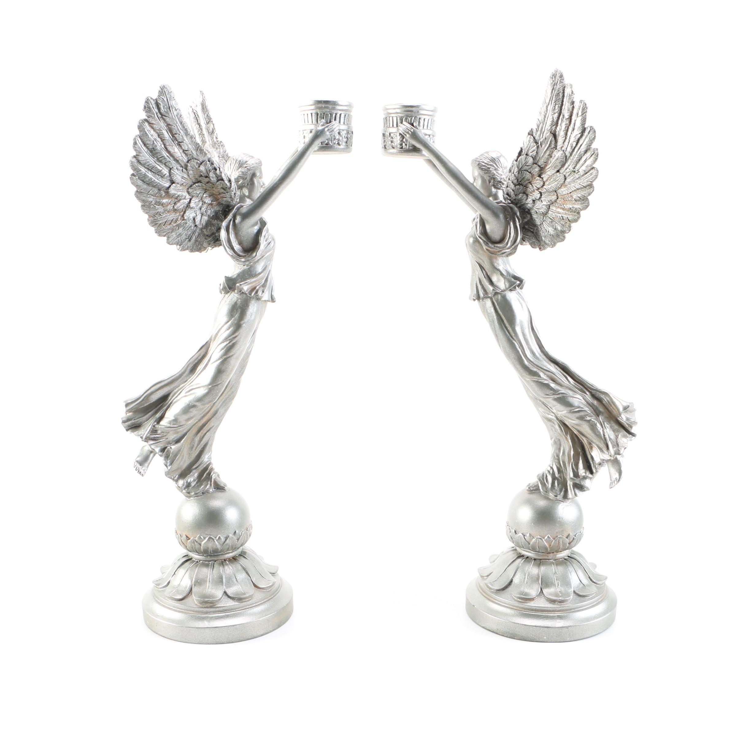 Pair of Silver Tone Angel Candlestick Holders