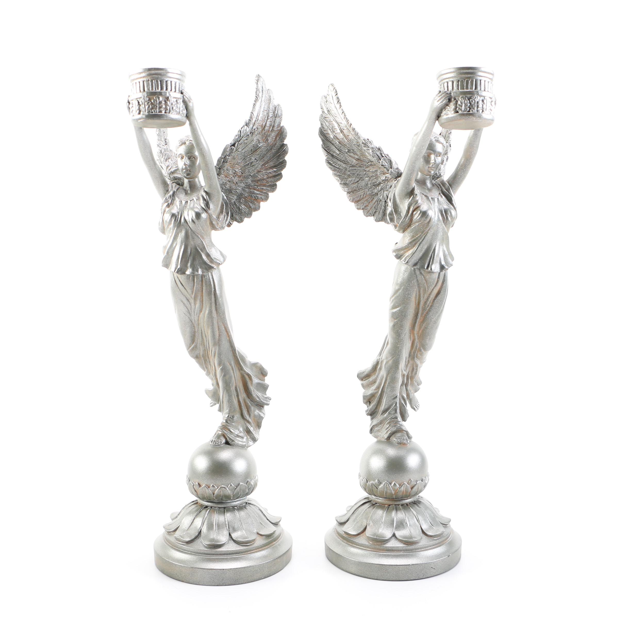 Pair of Silver Tone Angel Candlestick Holders
