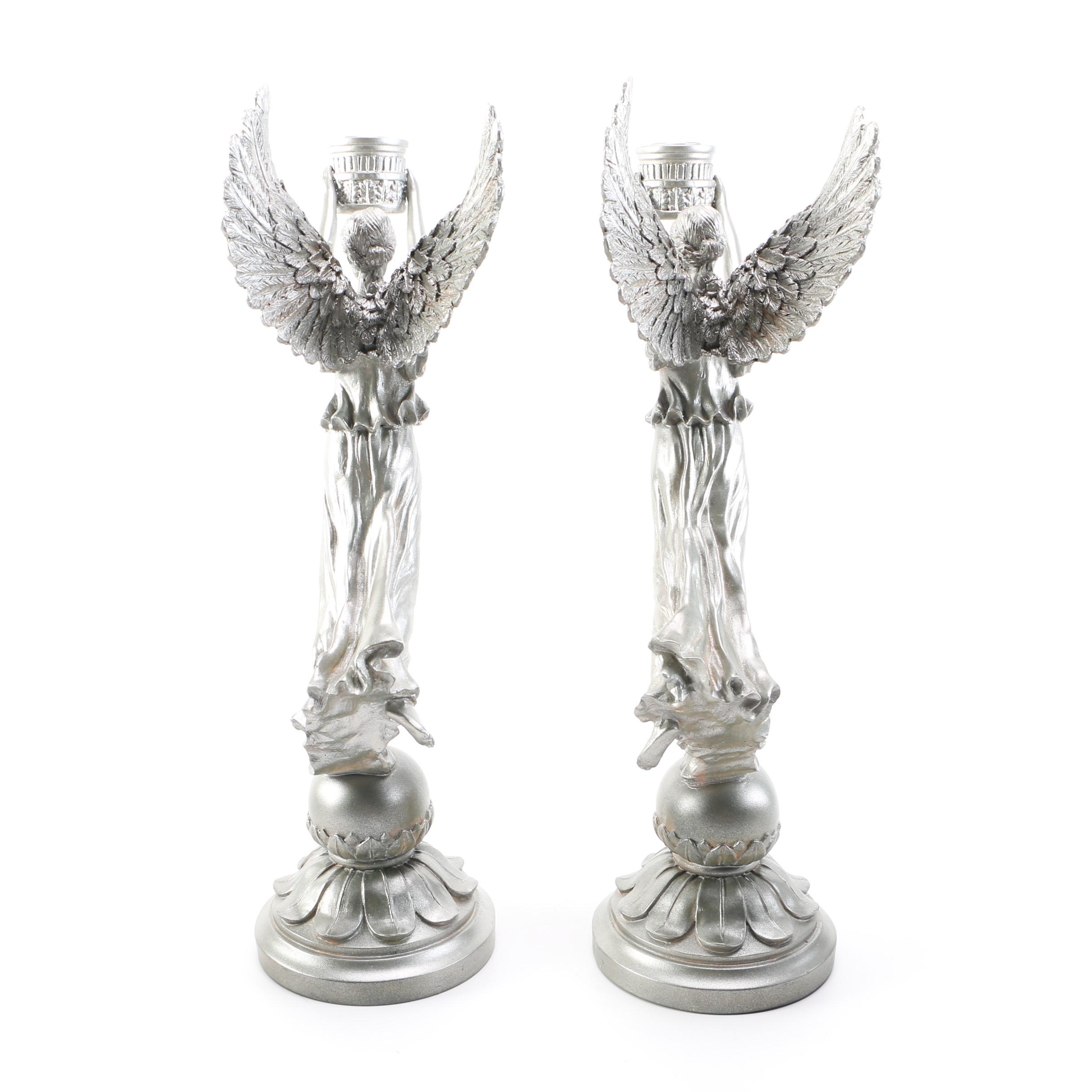 Pair of Silver Tone Angel Candlestick Holders