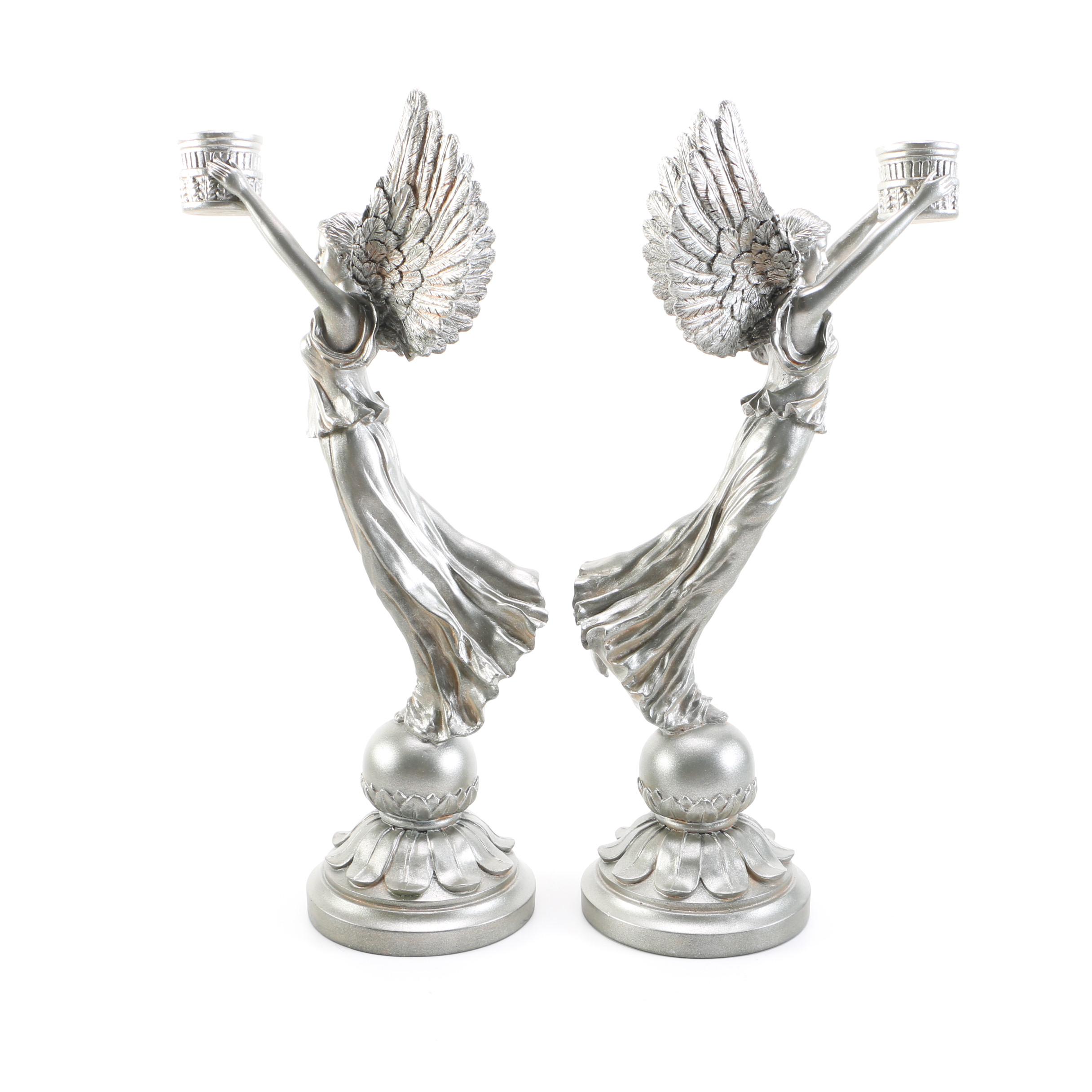 Pair of Silver Tone Angel Candlestick Holders