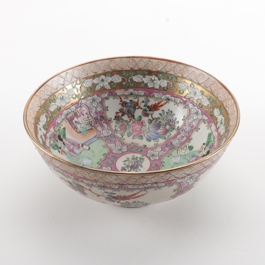 Chinese Hand-Painted Rose Medallion Ceramic Bowl
