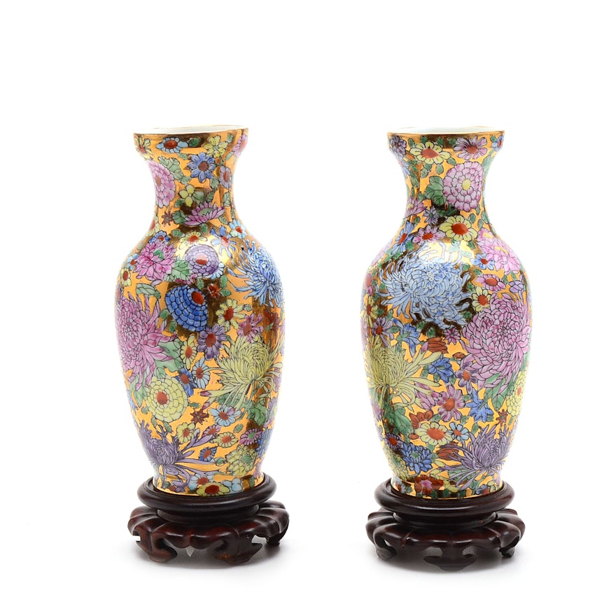 Hand-Painted Chinese Vases with Stands