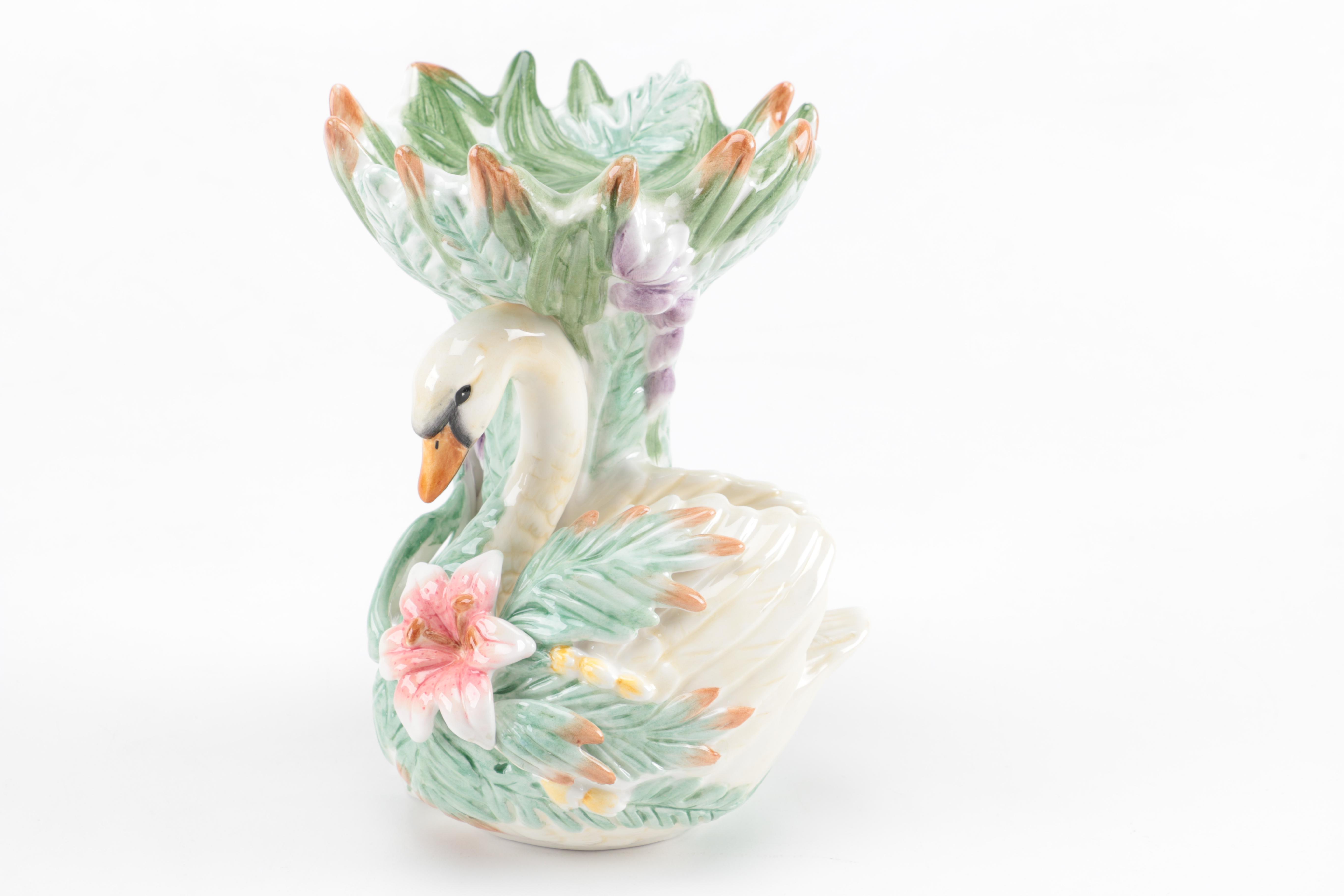 Fitz and Floyd Classics "Floral Swan" Ceramic Pillar Candleholder