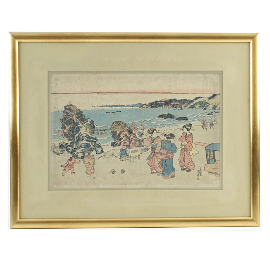 Utagawa Kunisada Woodblock on Paper Figures at the Beach