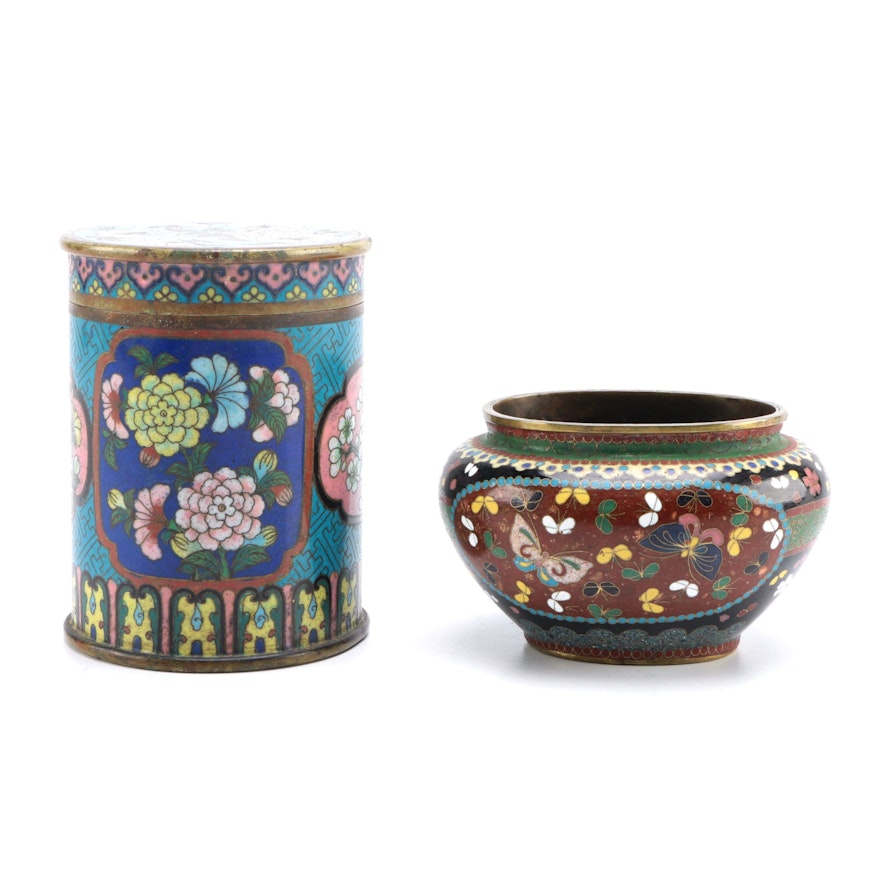Decorative Cloisonné Brass Tea Cannister and Vase