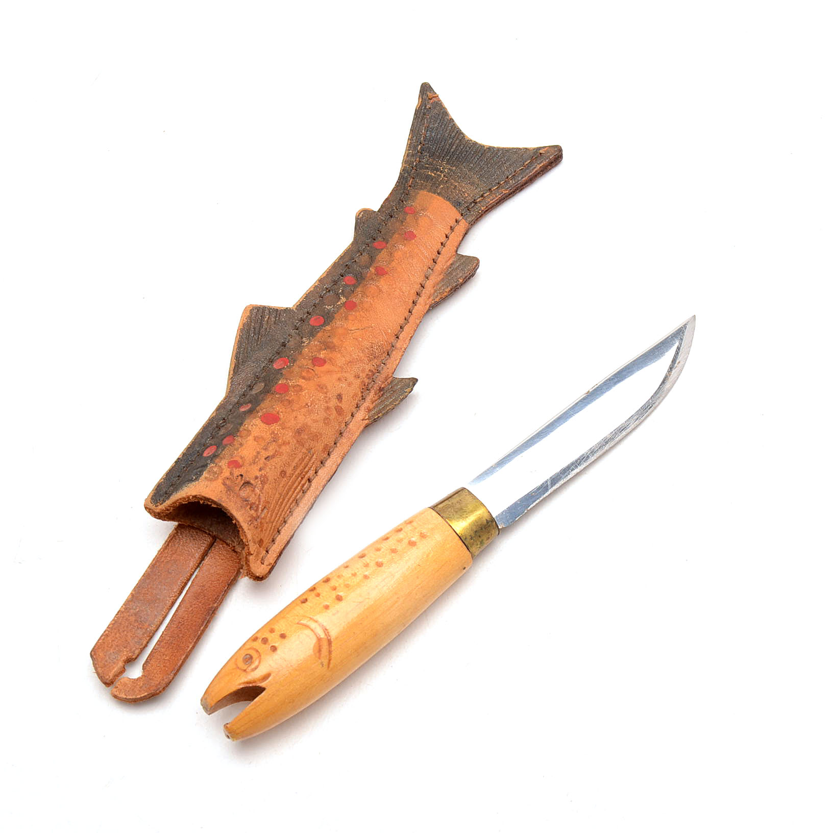 Carved Fish Pocket Knife with Leather Sheath