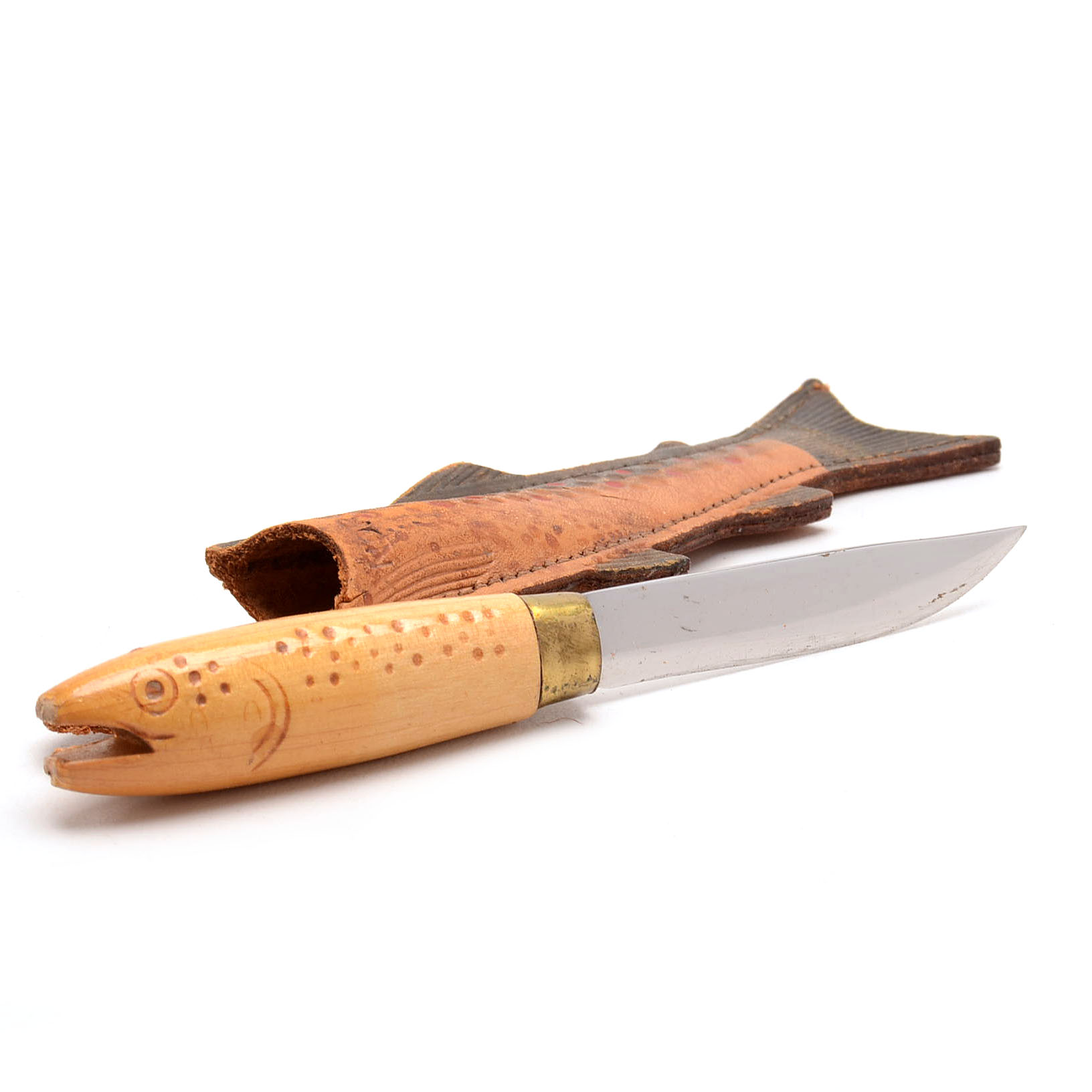 Carved Fish Pocket Knife with Leather Sheath