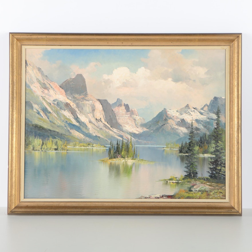 Julius Grodner Oil Painting of Mountain Lake