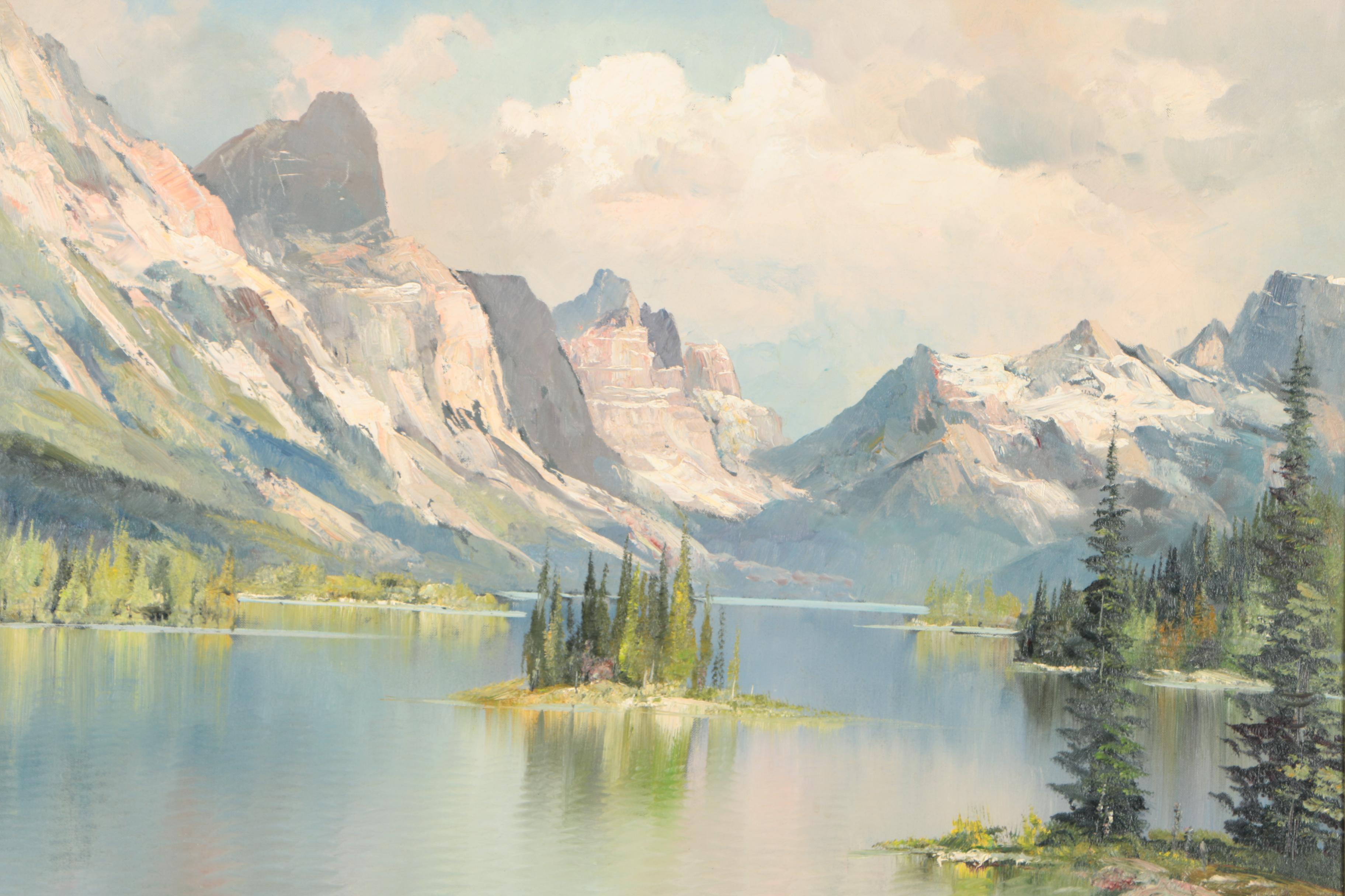 Julius Grodner Oil Painting of Mountain Lake