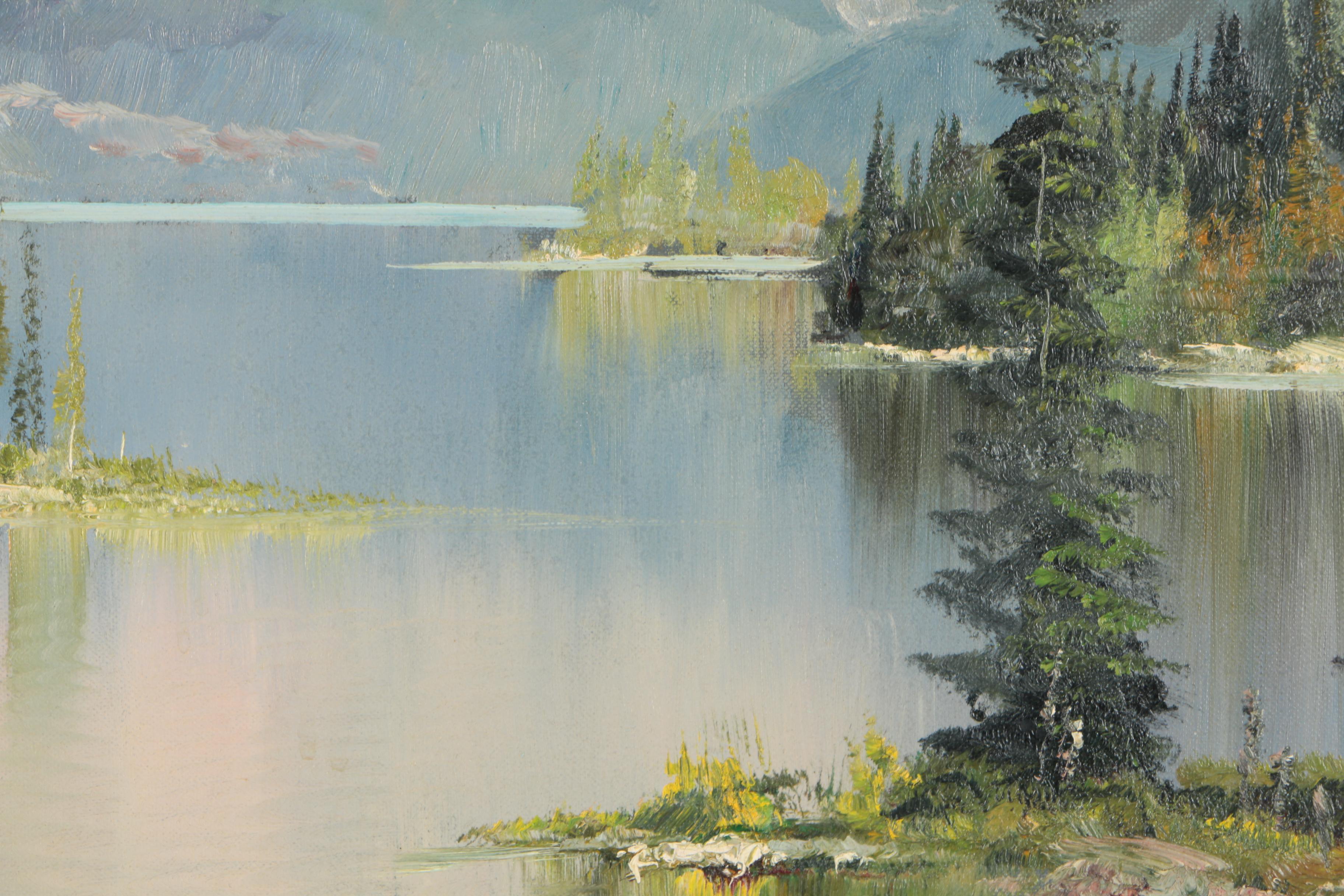Julius Grodner Oil Painting of Mountain Lake
