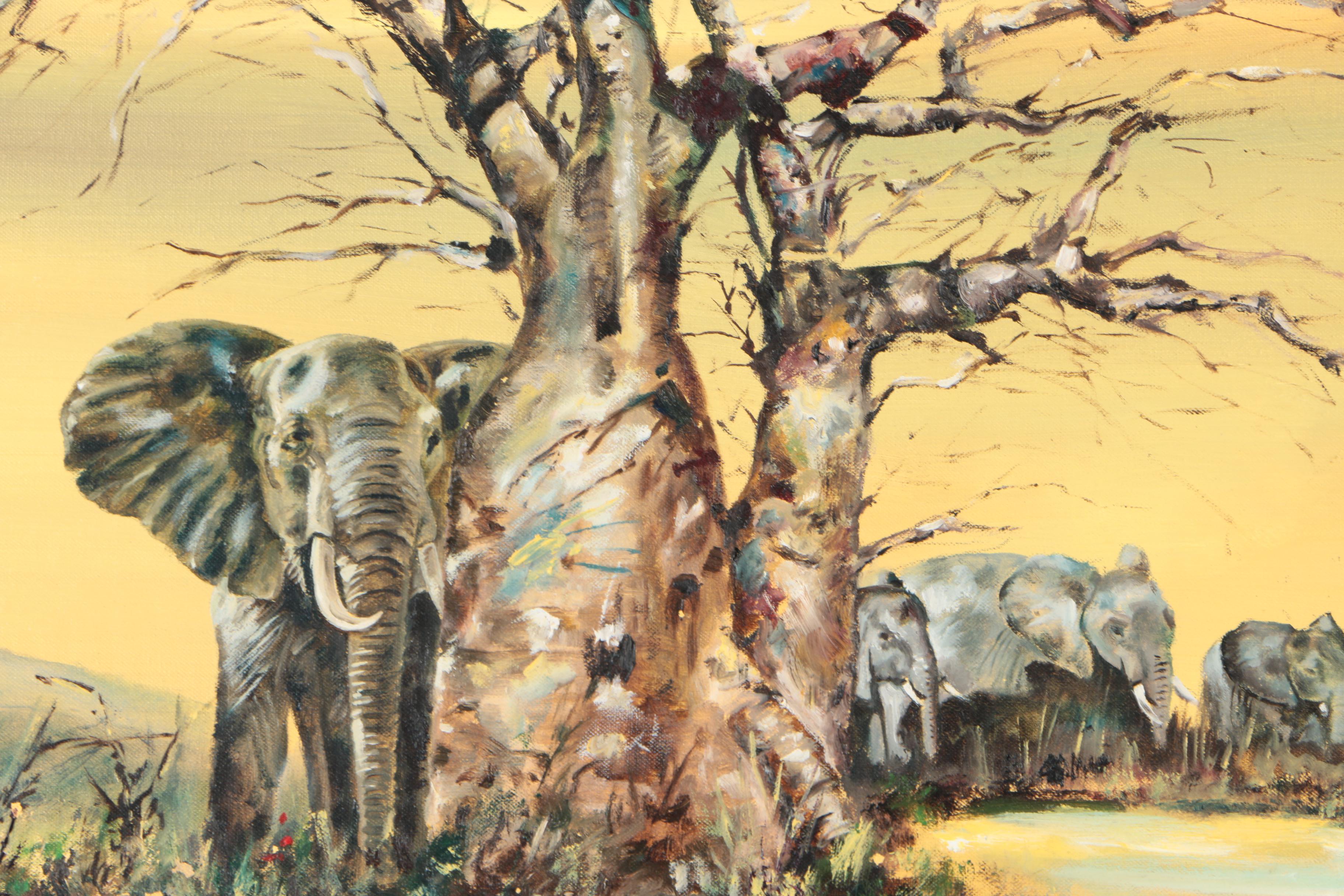 Mark Vandeneschen Oil Painting on Canvas of Elephants