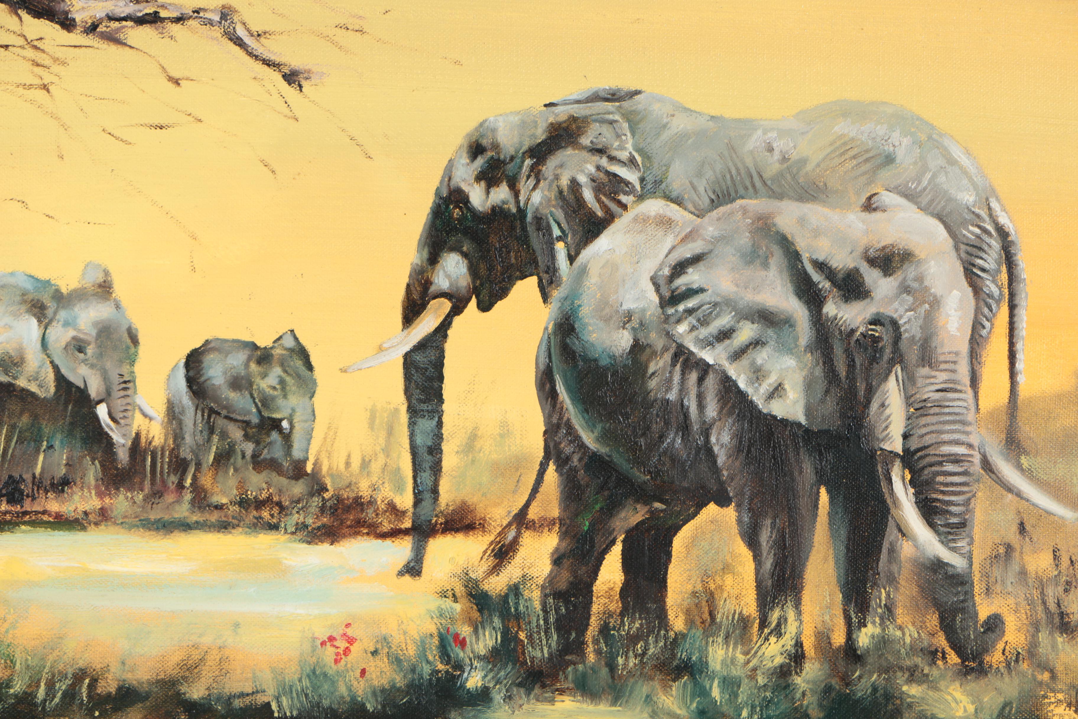 Mark Vandeneschen Oil Painting on Canvas of Elephants