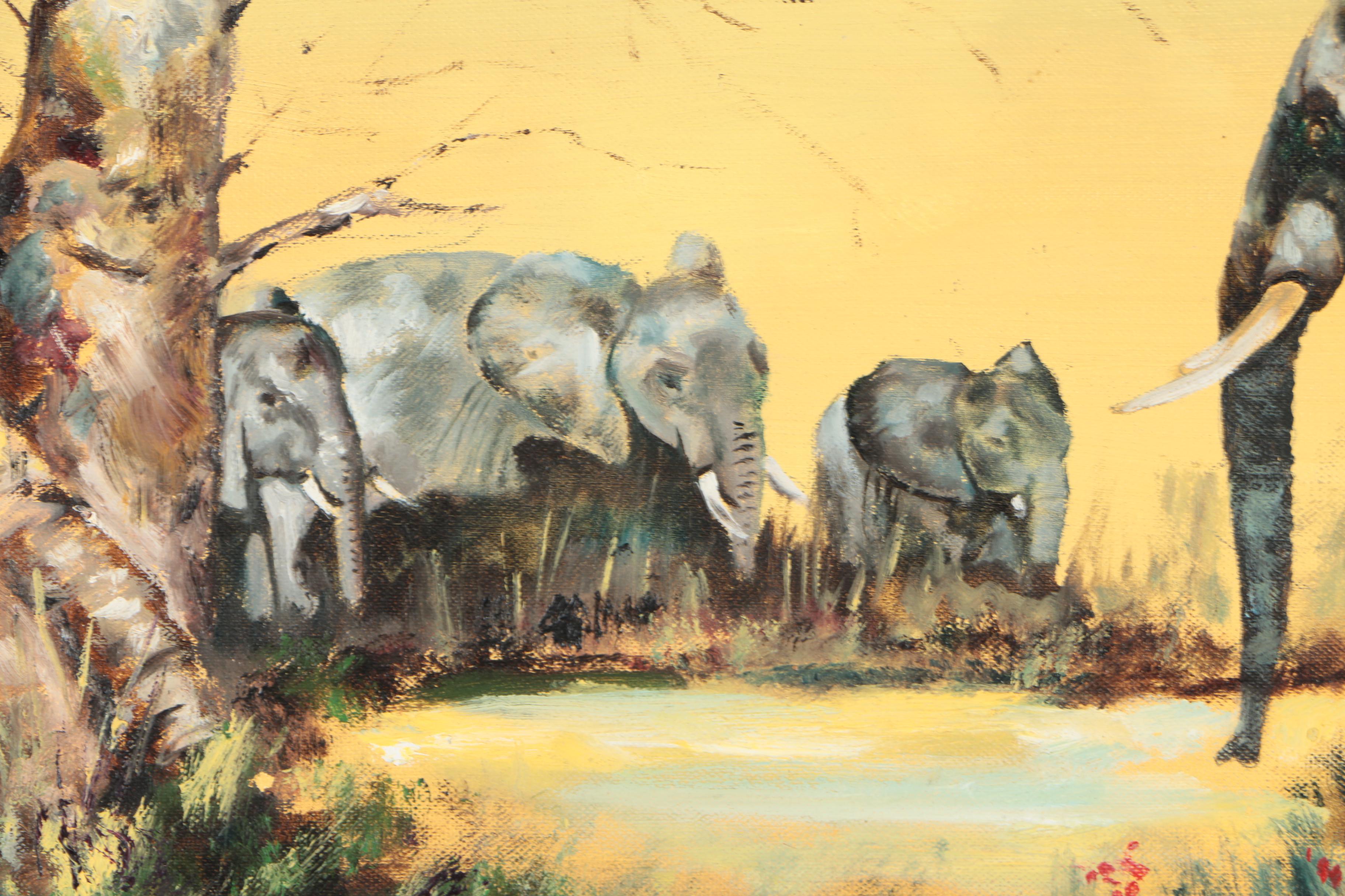 Mark Vandeneschen Oil Painting on Canvas of Elephants