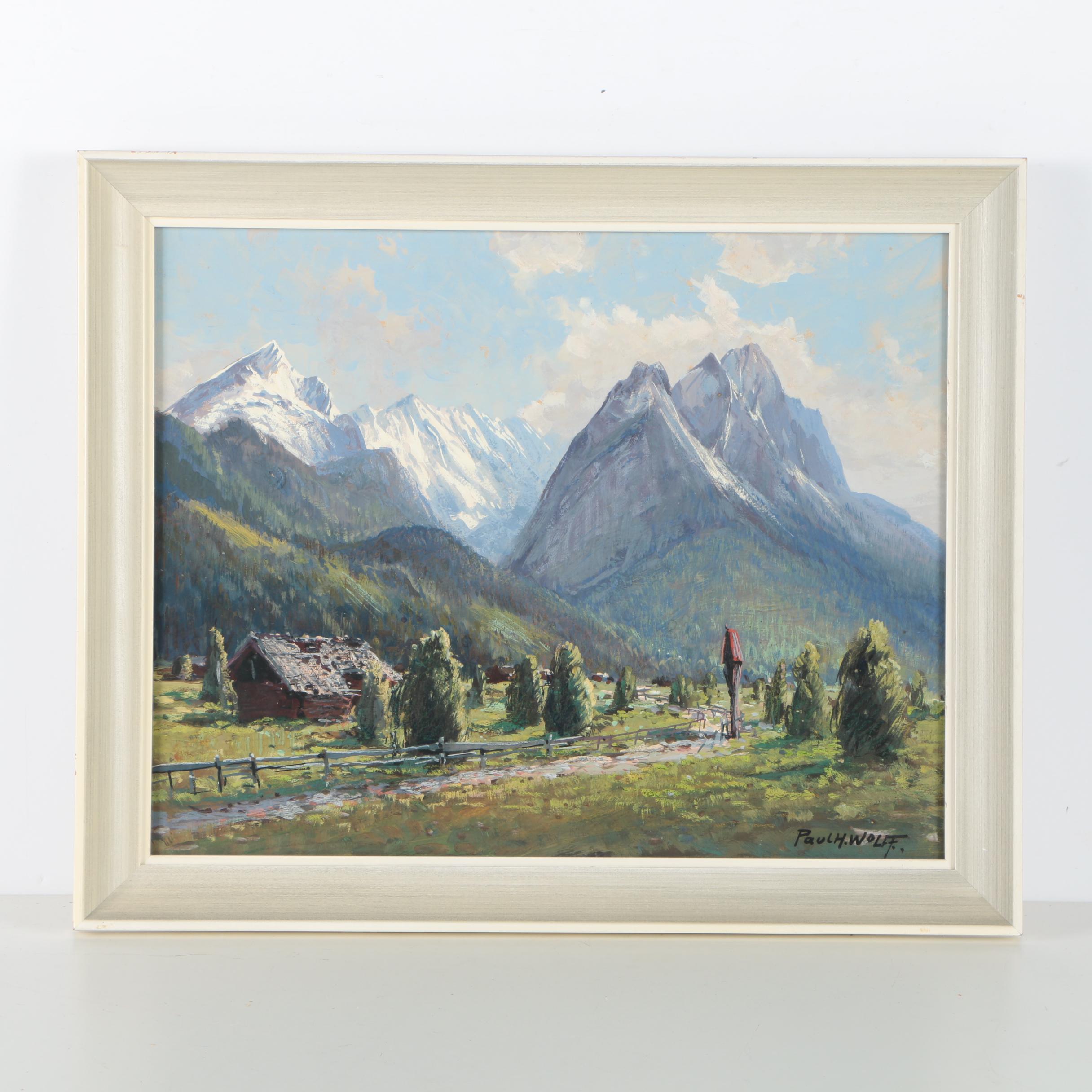 Paul H. Wolff Oil Painting on Board of Mountain Landscape