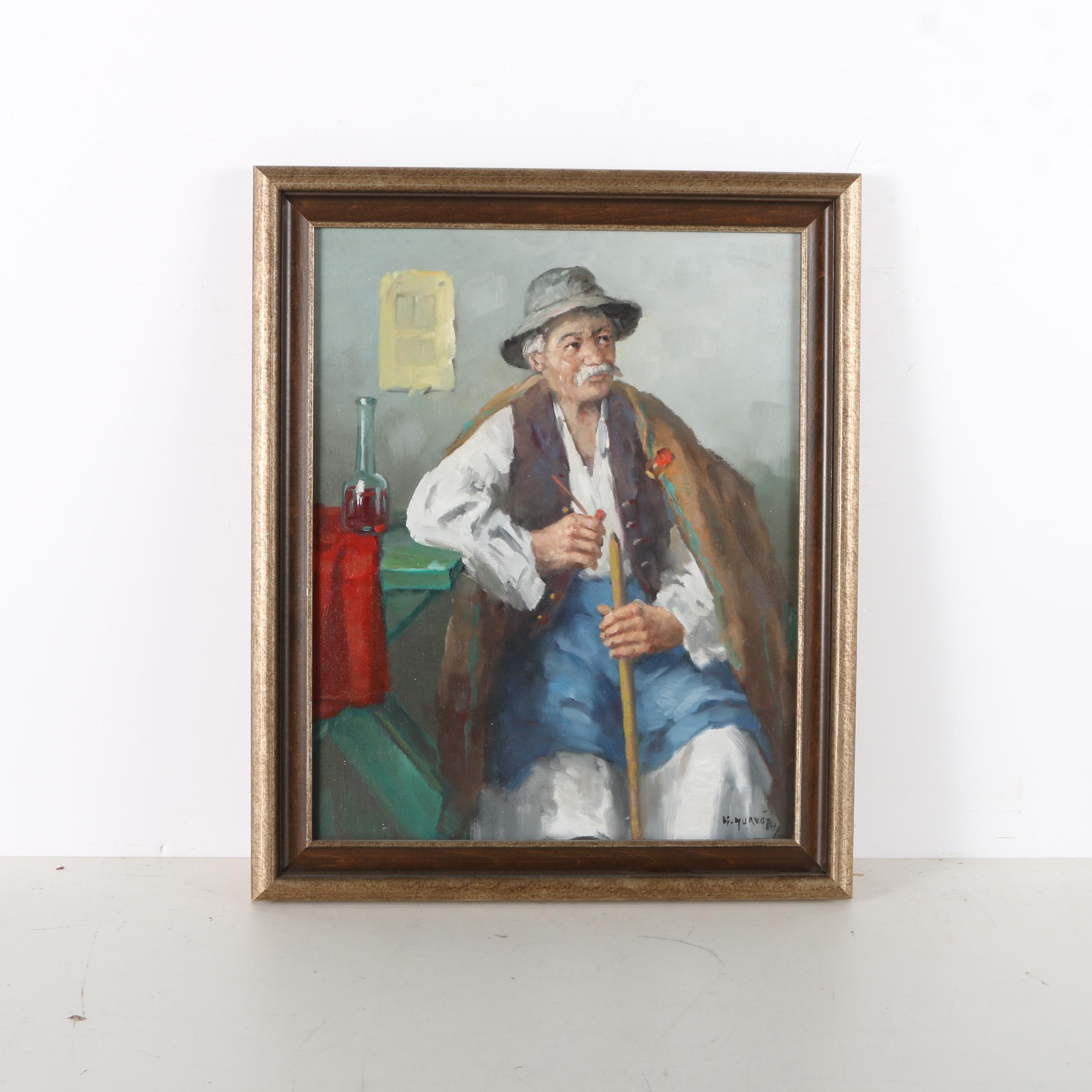 Hans Horvath Oil Portrait on Canvas of Austrian Man With Pipe and Decanter