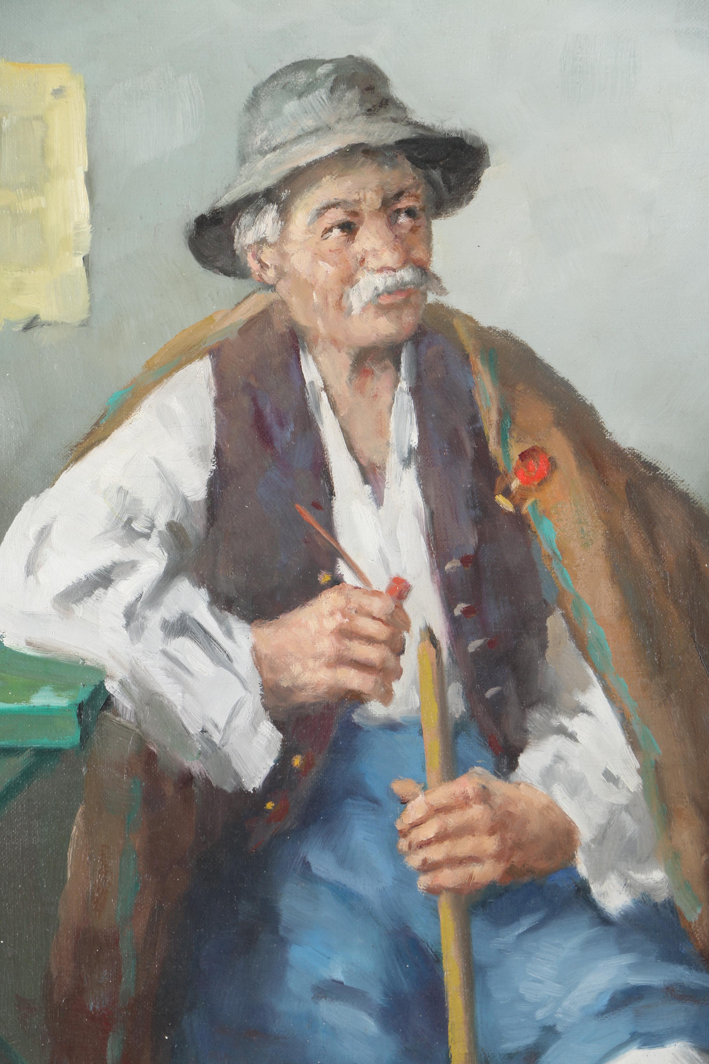 Hans Horvath Oil Portrait on Canvas of Austrian Man With Pipe and Decanter