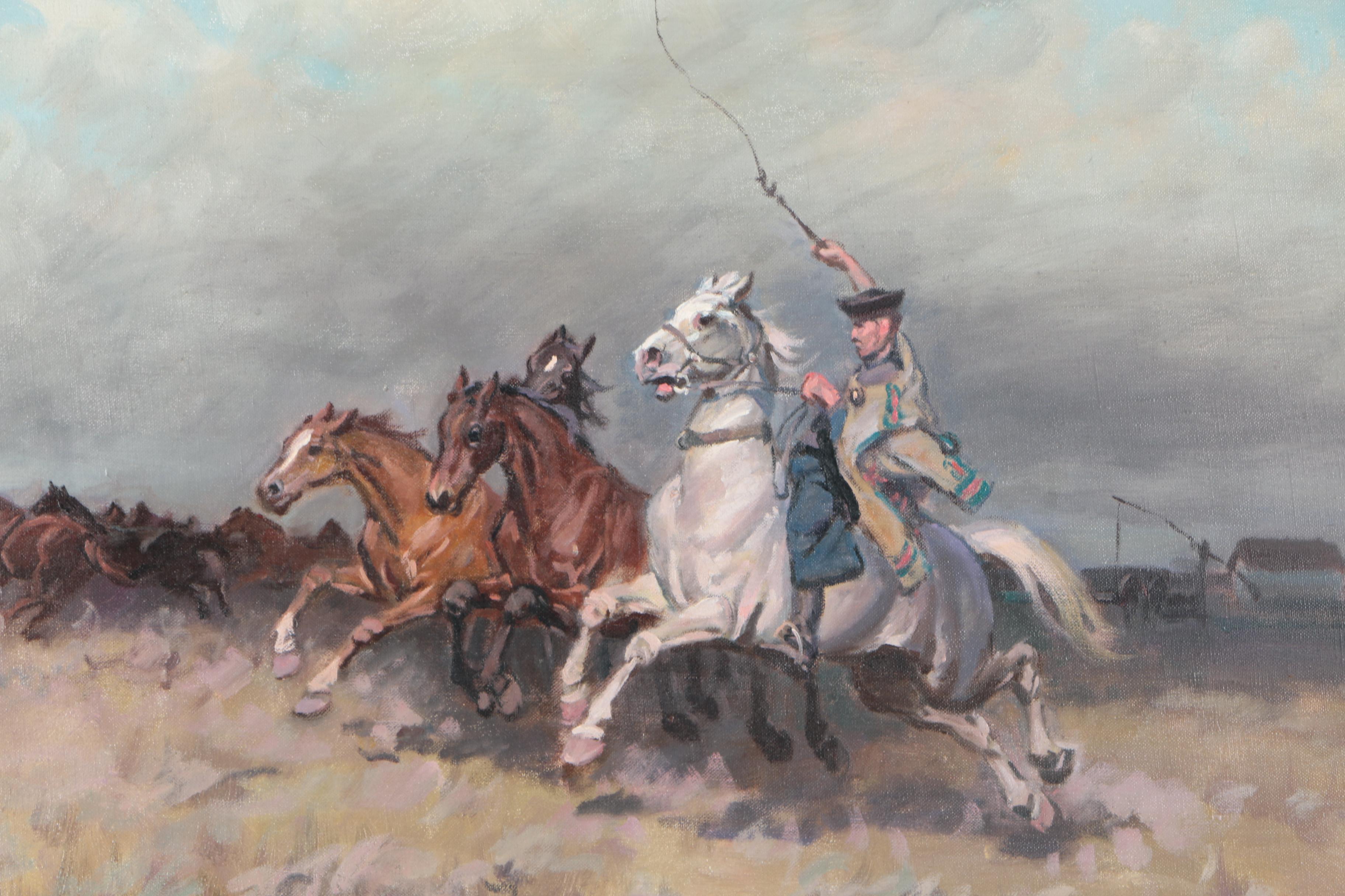 Viski J. Oil Painting of Corralling Horses